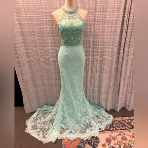Sherri Hill Lace Mint Halter Dress
